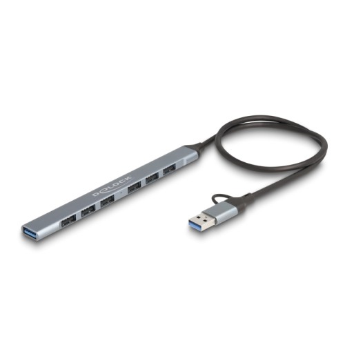 Delock 7 Port Slim USB Hub with USB Type-C™ or USB Type-A to 1 x USB 5 Gbps Type-A + 6 x USB 2.0 Type-A
