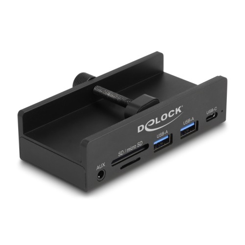 Delock External USB 5 Gbps 3 Port Hub 2 x USB Type-A, 1 x USB Type-C™ and 2 Slot Card Reader with Locking Screw