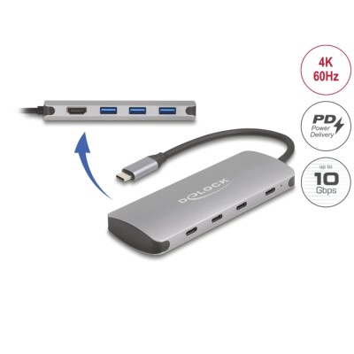Delock 7 Port USB 10 Gbps Hub and 4K HDMI output with USB Type-C™ connection and PD 3.0 90 Watt