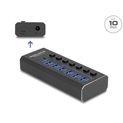Delock 7 Port USB Hub with 4 Ports 10 Gbps and 4 Fast Charging Ports with Switch and Illumination