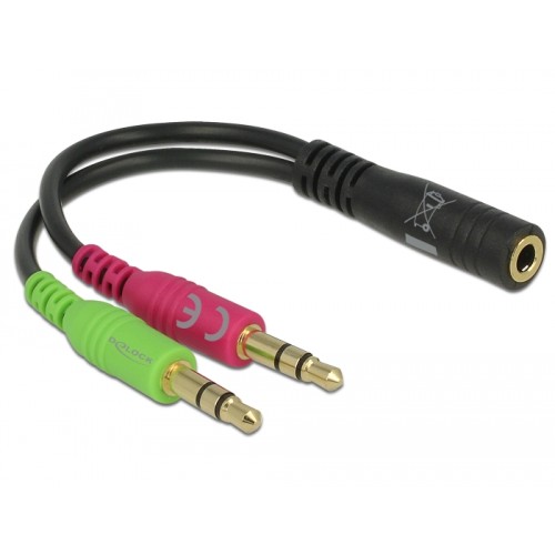 Delock Headset Adapter 1 x 3.5 mm 4 pin Stereo jack female  2 x 3.5 mm 3 pin Stereo jack male (CTIA pin assignment)