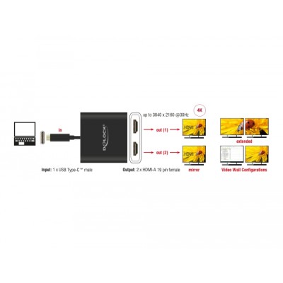 Delock USB Type-C™ Splitter (DP Alt Mode)  2 x HDMI out 4K 30 Hz 2