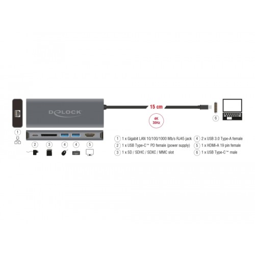Delock USB Type-C™ 3.1 Docking Station HDMI 4K 30 Hz, Gigabit LAN and USB PD function
