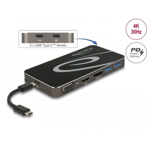Delock USB Type-C™ 3.2 Dockingstation 4K HDMI DP / 1080p VGA, USB Hub und PD 3.0