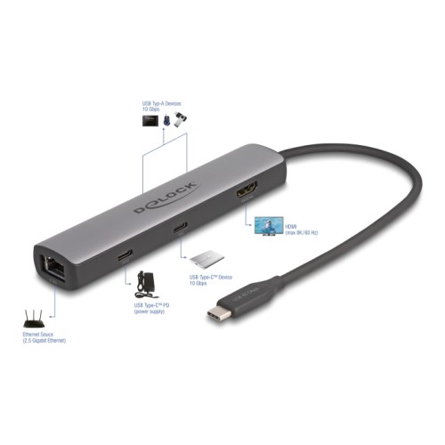 Delock USB 40 Gbps USB Type-C™ Docking Station 8K - HDMI / USB 10 Gbps / 2.5 Gigabit LAN / PD 3.0 100 W