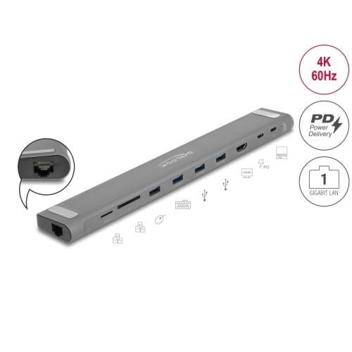 Delock USB Type-C™ Slim Docking Station 4K - HDMI / USB 3.2 Gen 1 / LAN / SD / PD 3.0
