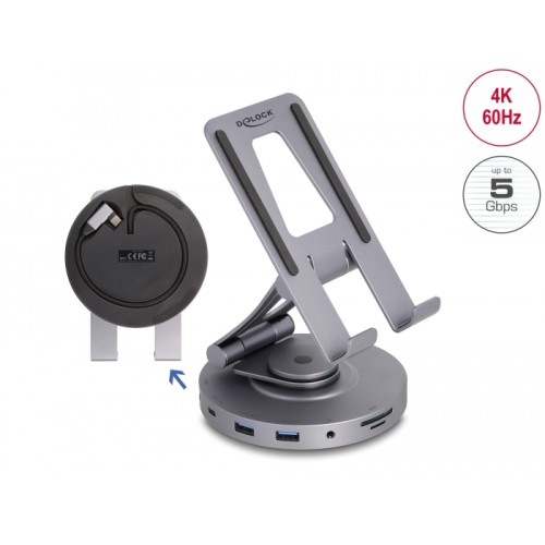 Delock Tablet and Laptop Docking Station 4K with integrated holder - HDMI / USB / Hub / SD / Micro SD / PD 3.0 - 360° rotateable