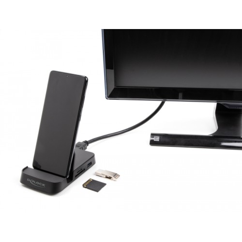 Delock Smartphone Docking Station 4K with integrated holder - HDMI / USB / Hub / SD / Micro SD for Android or Windows