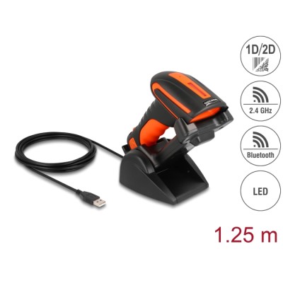 Delock Industrial Barcode Scanner 1D and 2D for 2.4 GHz or Bluetooth with inductive charging station