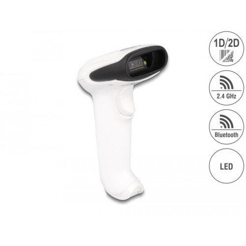 Delock Barcode Scanner 1D and 2D for 2.4 GHz, Bluetooth or USB - white