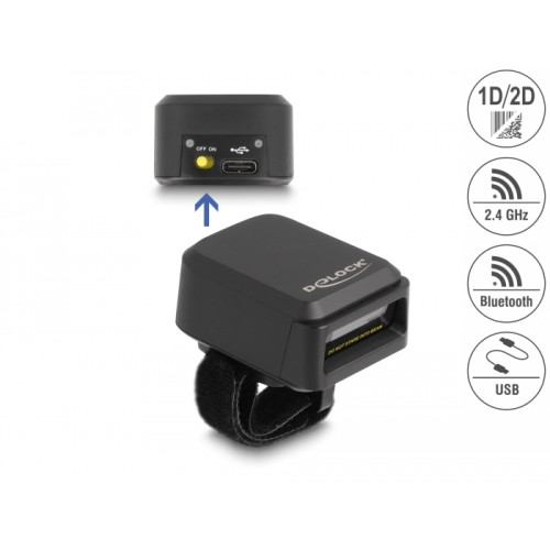 Delock Ring Barcode Scanner 1D and 2D with 2.4 GHz or Bluetooth - Wireless Charging Function