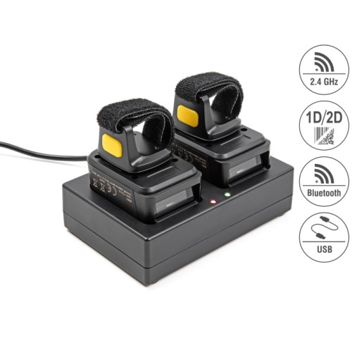 Delock Ring Barcode Scanner 1D and 2D with 2.4 GHz or Bluetooth (2 pieces) + Charging Station