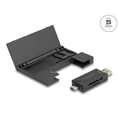 Delock Card Reader USB 5 Gbps USB Type-C™ / Type-A for SD and Micro SD memory cards with practical memory card case - black