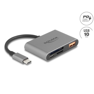 Delock USB-C™ Card Reader for SD and Micro SD memory cards + USB 10 Gbps Type-A port and USB Type-C™ PD 2.0 85 W