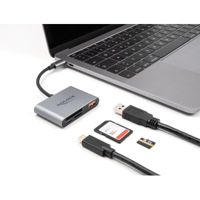 Delock USB-C™ Card Reader for SD and Micro SD memory cards + USB 10 Gbps Type-A port and USB Type-C™ PD 2.0 85 W 2
