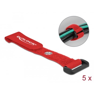 Delock Hook-and-loop cable tie with Loop and Fastening Eyelet L 150 x W 20 mm red 5 pieces