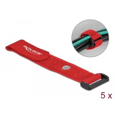 Delock Hook-and-loop cable tie with Loop and Fastening Eyelet L 190 x W 25 mm red 5 pieces