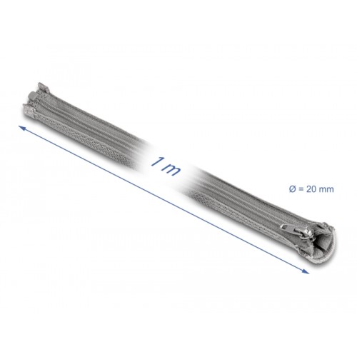 Delock Braided Sleeve with zip fastener heat-resistant 1 m x 20 mm grey