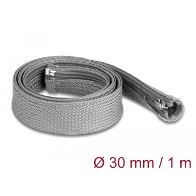 Delock Braided Sleeve with zip fastener heat-resistant 1 m x 30 mm grey