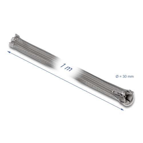 Delock Braided Sleeve with zip fastener heat-resistant 1 m x 30 mm grey