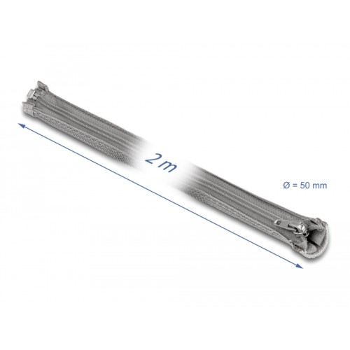 Delock Braided Sleeve with zip fastener heat-resistant 2 m x 50 mm grey