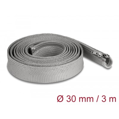 Delock Braided Sleeve with zip fastener heat-resistant 3 m x 30 mm grey