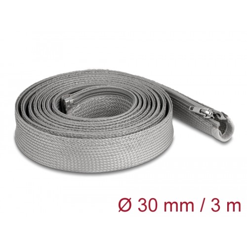 Delock Braided Sleeve with zip fastener heat-resistant 3 m x 30 mm grey
