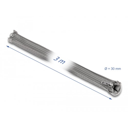 Delock Braided Sleeve with zip fastener heat-resistant 3 m x 30 mm grey