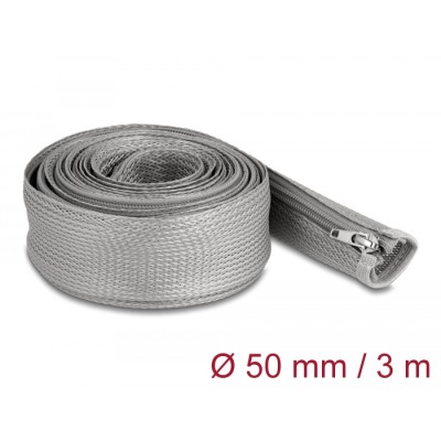 Delock Braided Sleeve with zip fastener heat-resistant 3 m x 50 mm grey