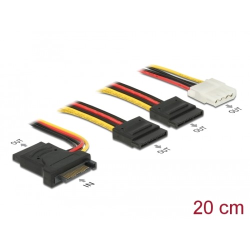 Delock Power Cable SATA 15 pin plug > 3 x SATA receptacle + 1 x Molex 4 pin female 20 cm (PCB)