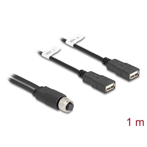 Delock M12 Cable A-coded 8 pin female to 2 x USB 2.0 Type-A female 1 m black