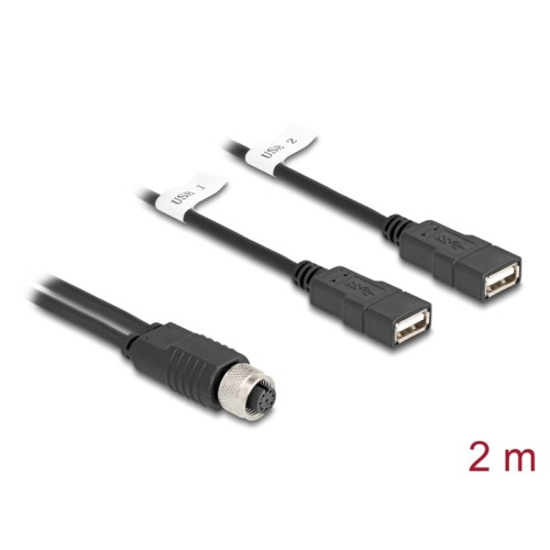 Delock M12 Cable A-coded 8 pin female to 2 x USB 2.0 Type-A female 2 m black