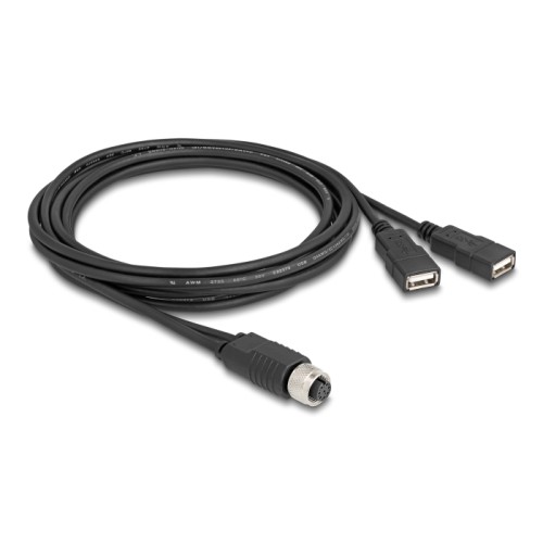 Delock M12 Cable A-coded 8 pin female to 2 x USB 2.0 Type-A female 2 m black