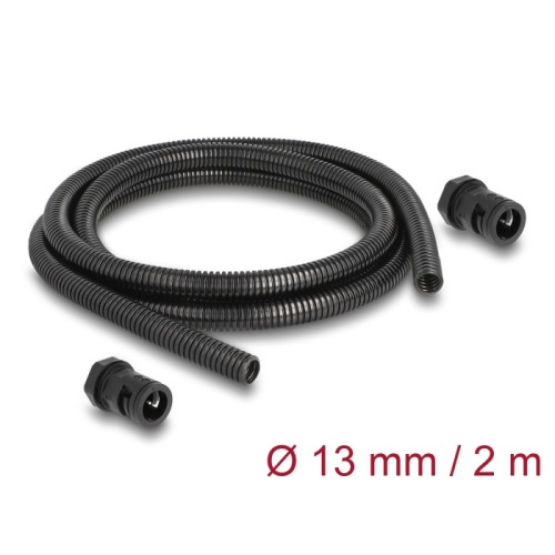 Delock Cable protection sleeve 2 m x 13 mm with 2 x PG9 conduit fitting set black