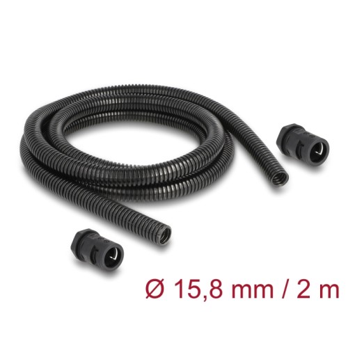 Delock Cable protection sleeve 2 m x 15.8 mm with 2 x PG11 conduit fitting set black