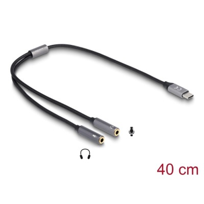 Delock Headset Adapter USB Type-C™ male DAC 24 Bit / 96 kHz Hi-Res to 2 x 3.5 mm 3 pin Stereo jack female