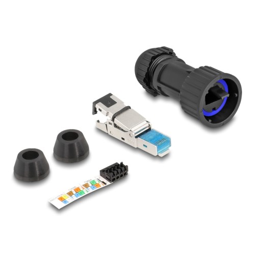 Delock RJ45 plug field-assembly Cat.6A with feed-through coupler suitable for item 67047 and 67048 IP68 dust and waterproof blac