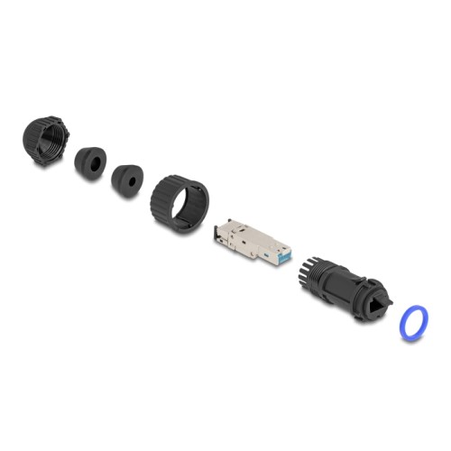 Delock RJ45 plug field-assembly Cat.6A with feed-through coupler suitable for item 67047 and 67048 IP68 dust and waterproof blac