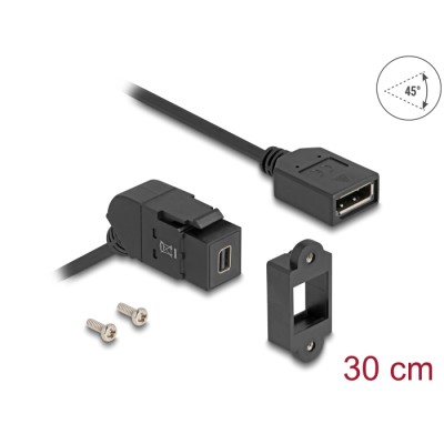 Delock Keystone Module Mini DisplayPort panel mount female to DisplayPort female 45° angled with 30 cm cable 8K 30 Hz black