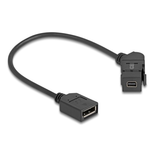 Delock Keystone Module Mini DisplayPort panel mount female to DisplayPort female 45° angled with 30 cm cable 8K 30 Hz black