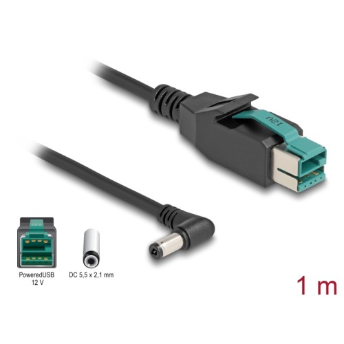 Delock PoweredUSB cable male 12 V to DC 5.5 x 2.1 mm male angled 1 m