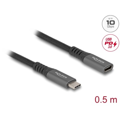 Delock USB 10 Gbps Extension Cable USB Type-C™ male to female PD 3.0 100 W 0.5 m grey metal