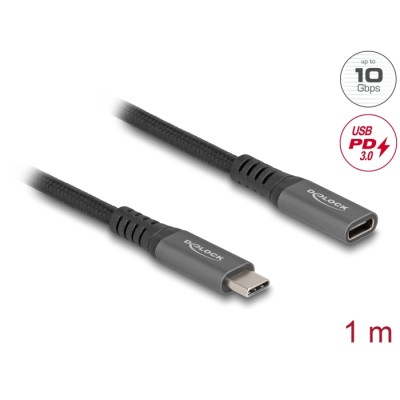 Delock USB 10 Gbps Extension Cable USB Type-C™ male to female PD 3.0 100 W 1 m grey metal