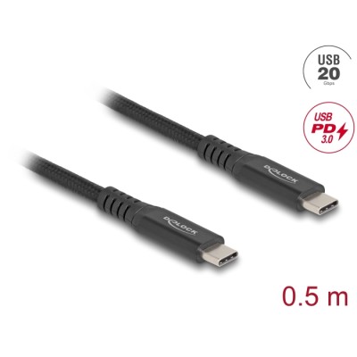 Delock USB 20 Gbps Cable USB Type-C™ male to male PD 3.0 100 W E-Marker 0.5 m black metal