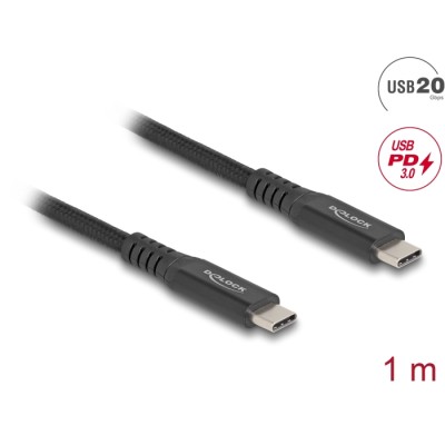 Delock USB 20 Gbps Cable USB Type-C™ male to male PD 3.0 100 W E-Marker 1 m black metal