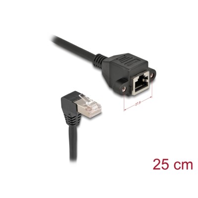 Delock Network Extension Cable S/FTP RJ45 plug 90° angled to RJ45 built-in jack Cat.6A 0.25 m black
