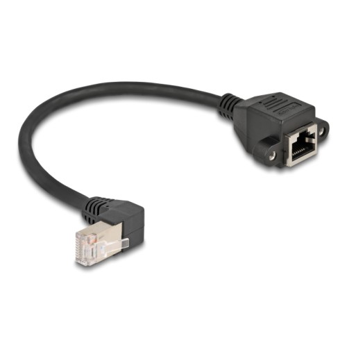 Delock Network Extension Cable S/FTP RJ45 plug 90° angled to RJ45 built-in jack Cat.6A 0.25 m black