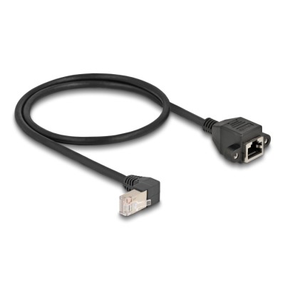 Delock Network Extension Cable S/FTP RJ45 plug 90° angled to RJ45 built-in jack Cat.6A 0.5 m black 2