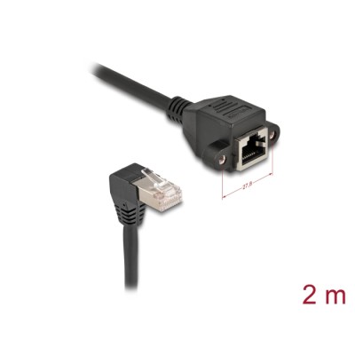 Delock Network Extension Cable S/FTP RJ45 plug 90° angled to RJ45 built-in jack Cat.6A 2 m black