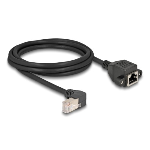 Delock Network Extension Cable S/FTP RJ45 plug 90° angled to RJ45 built-in jack Cat.6A 2 m black